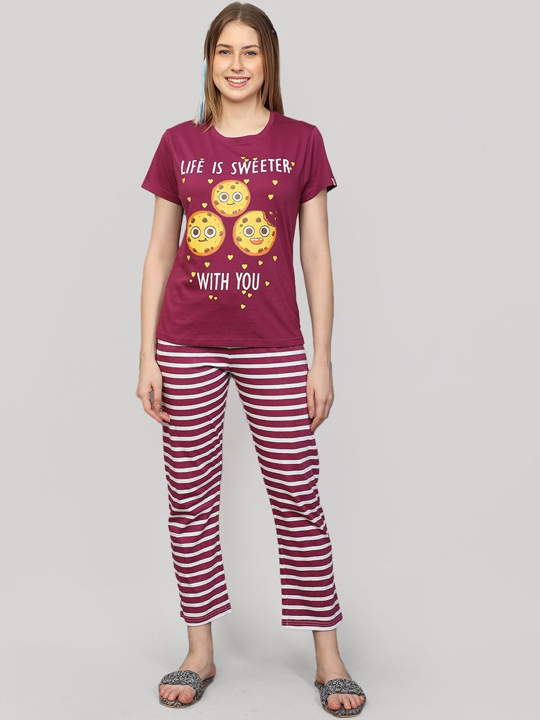 

evolove Women Printed Pure Cotton Nightsuit, Purple