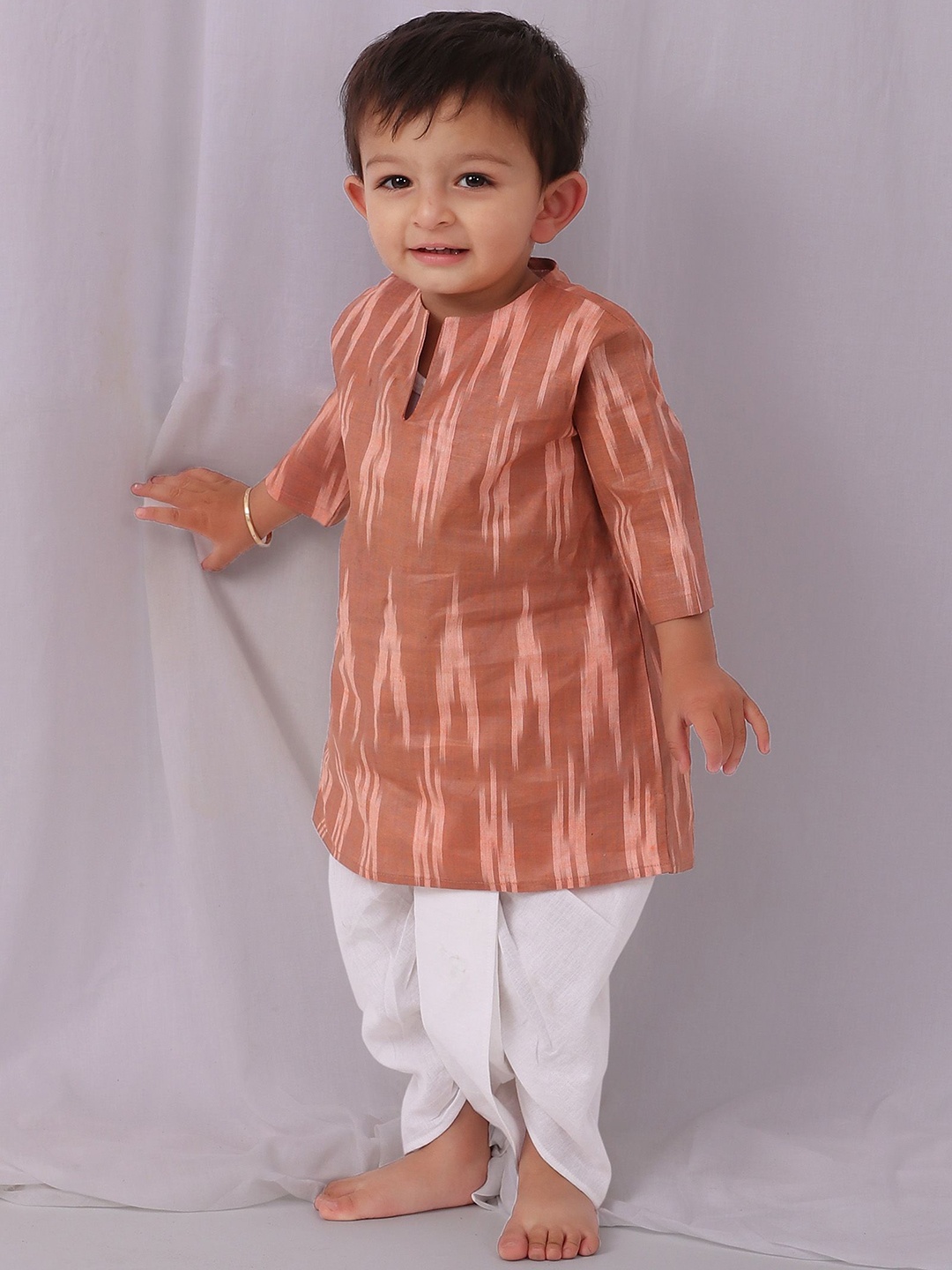 

TJORI Boys Ikat Printed Straight Pure Cotton Kurti With Dhoti Pants, White