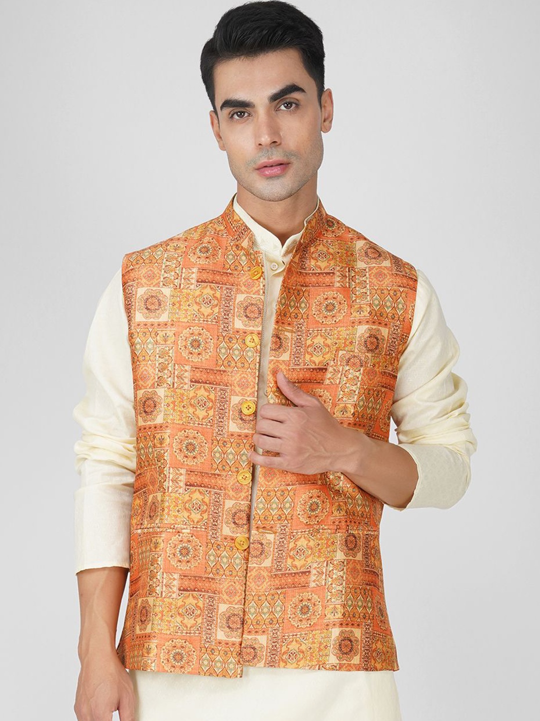 

Vastraa Fusion Men Woven Nehru Jacket, Orange