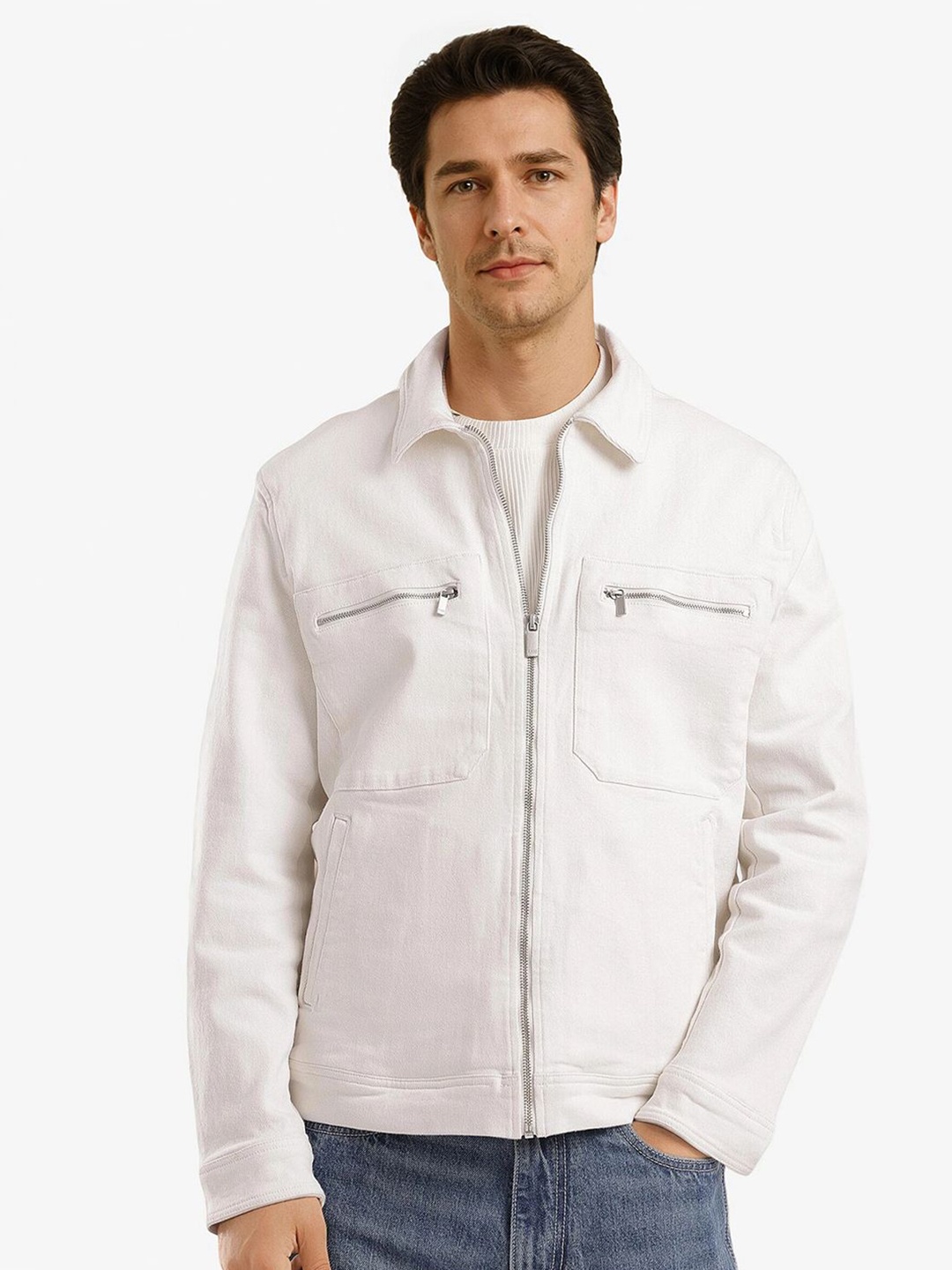

RARE RABBIT Men Spread Collar Solid Cotton Casual Denim Jacket, Off white