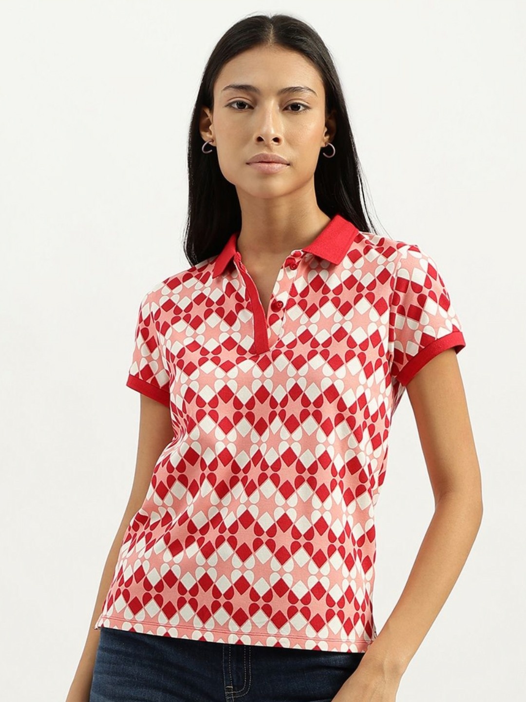 

United Colors of Benetton Women Floral Printed Polo Collar Cotton T-shirt, Peach
