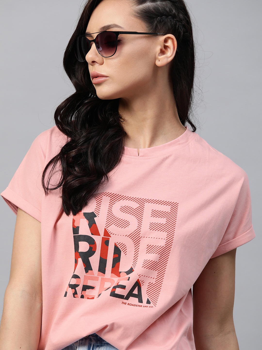 

The Roadster Lifestyle Co Women Pink & Red Typography Print Pure Cotton Extended Sleeves T-shirt