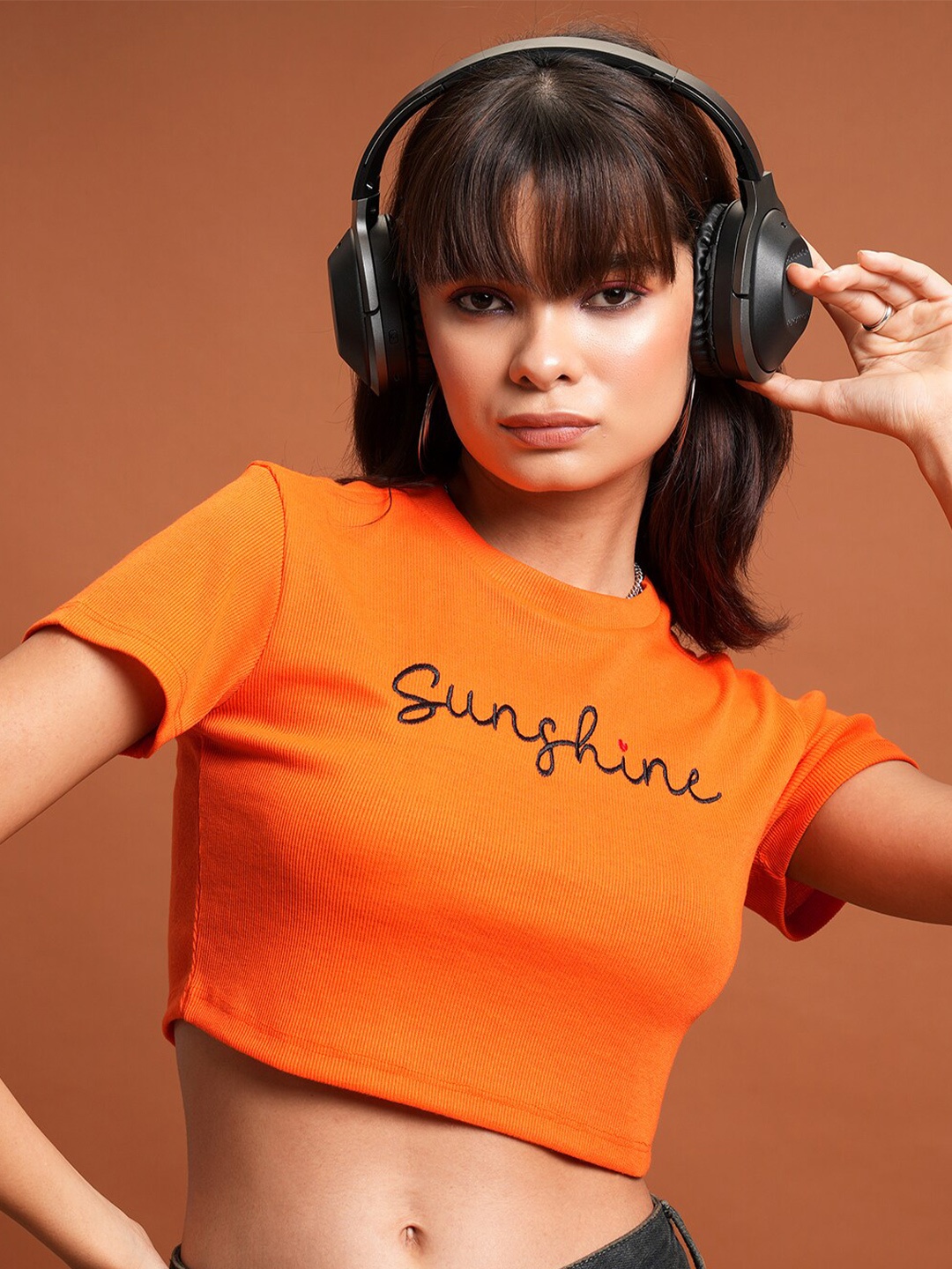

Tokyo Talkies Orange Typography Printed Crop T-shirt