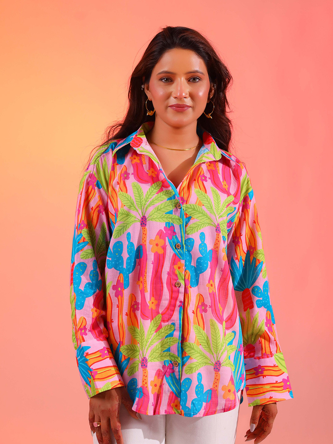 

DALCHINII Women Relaxed Spread Collar Floral Printed Cotton Oversized Casual Shirt, Pink