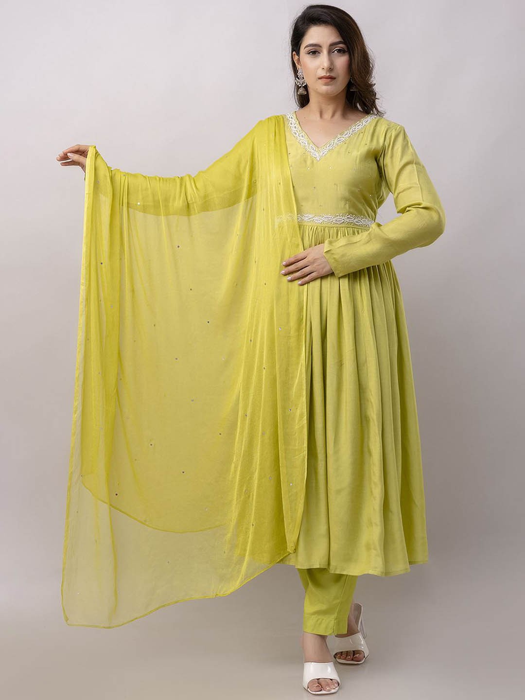 

KALINI V-Neck Beads and Stones Pure Silk Anarkali Kurta with Trouser & Dupatta, Sea green