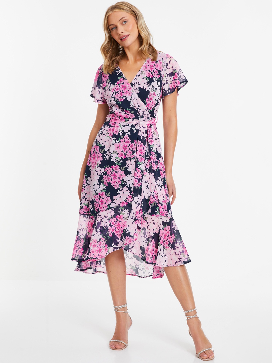 

QUIZ Women Floral Printed Wrap Dress, Blue