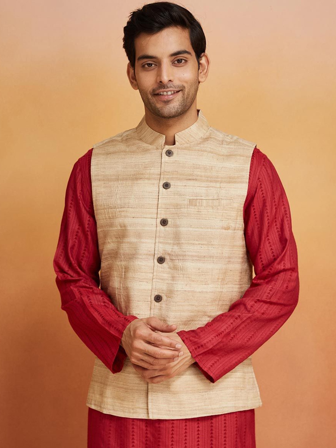 

Fabindia Men Pure Silk Woven Design Nehru Jackets, Beige
