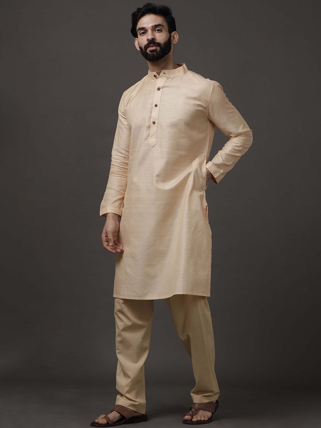 

TJORI Woven Design Straight Cotton Silk Kurta with Trousers, Beige