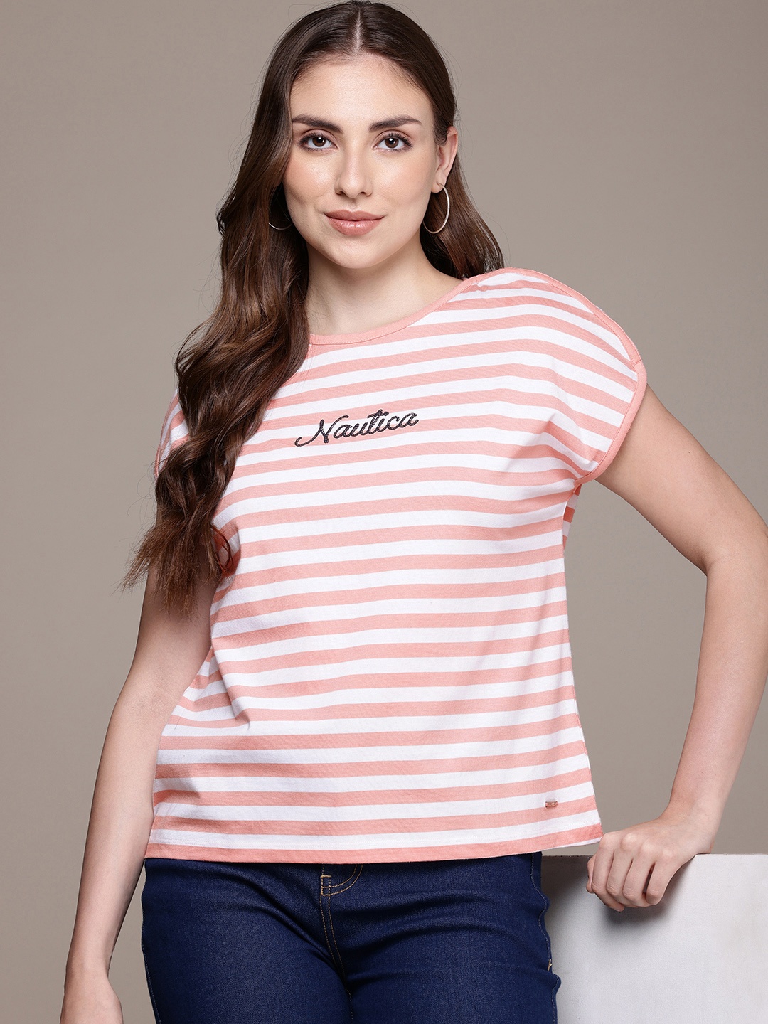 

Nautica Pure Cotton Striped Extended Sleeves T-shirt, Peach