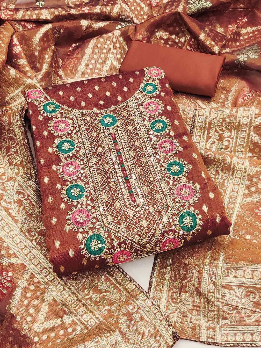 

Peachmode Ethnic Motifs Sequinned Unstitched Dress Material, Rust