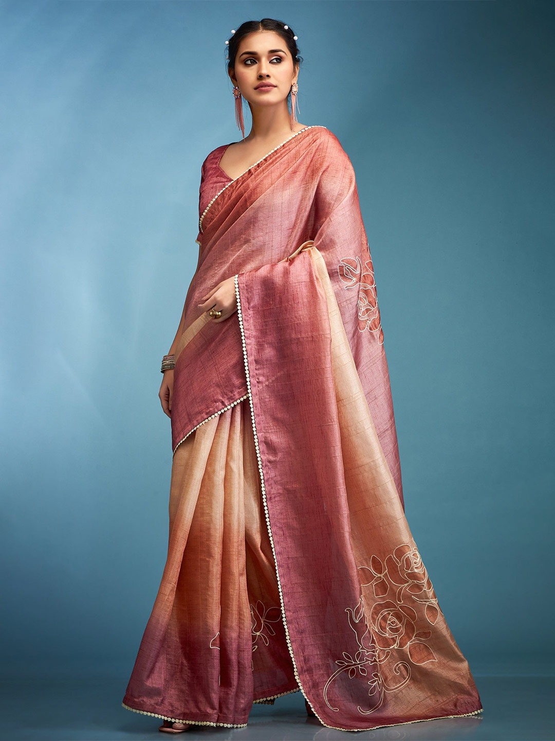 

MySilkLove Women Ethnic Motifs Embroidered Tussar Saree, Pink