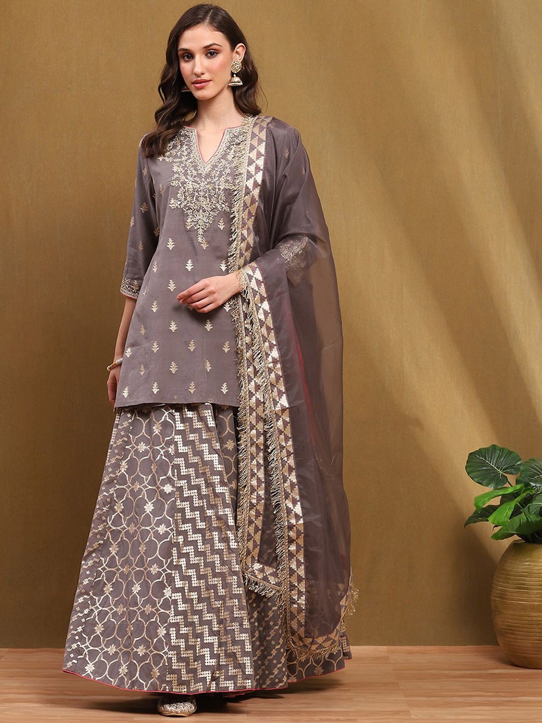 

Biba Ethnic Motifs Embroidered Sequinned Pure Cotton Straight Kurti With Skirt & Dupatta, Grey