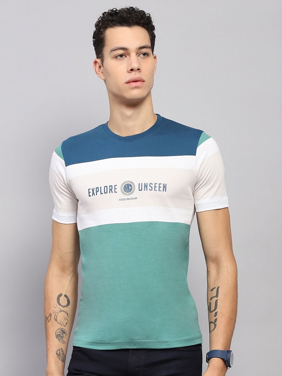 

Monte Carlo Men Striped Round Neck Cotton T-shirt, Blue