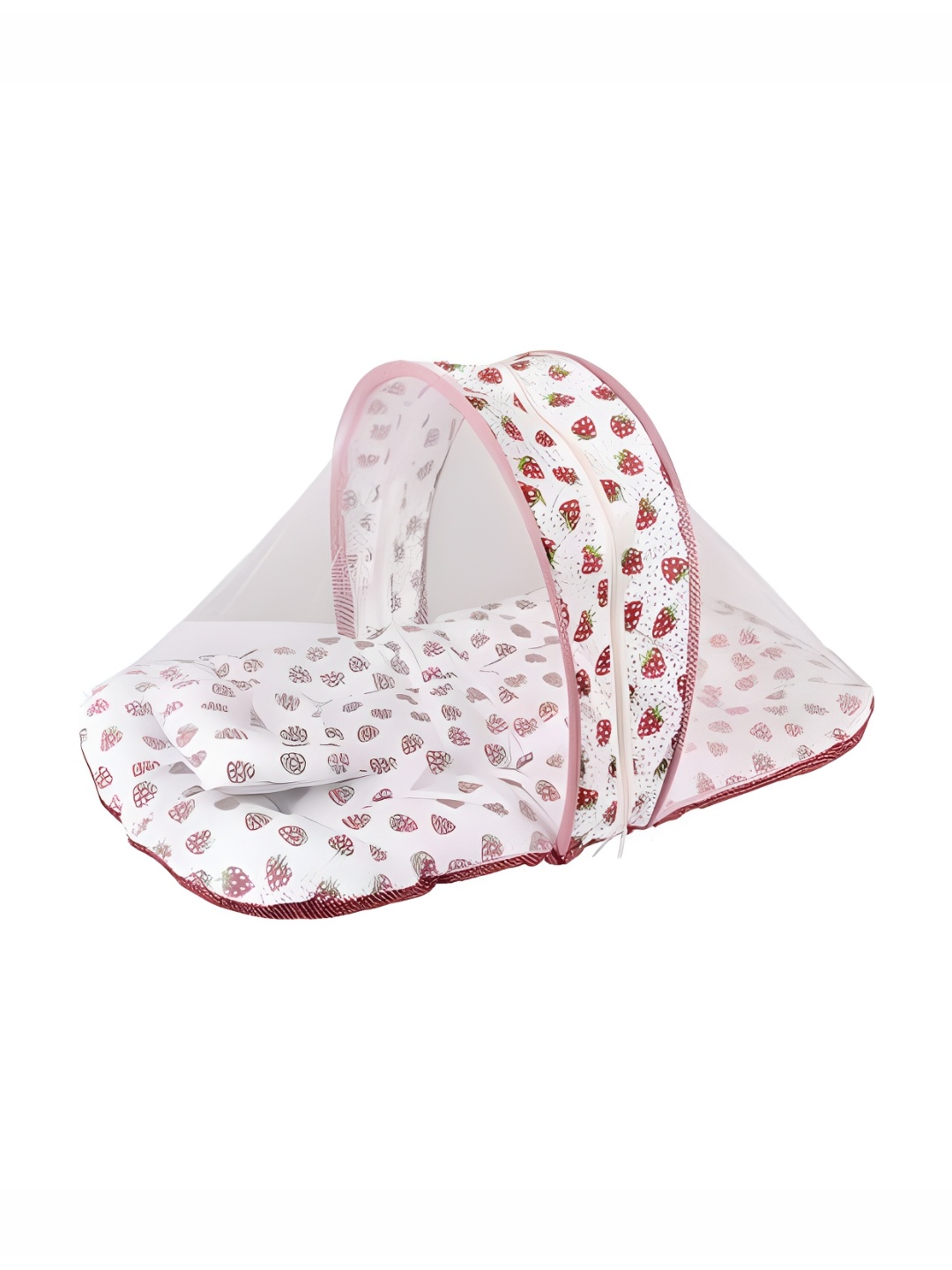 

DALUCI Pink & White Cartoon Teddy Printed Pure Cotton Fabric Bedding With Mosquito Net