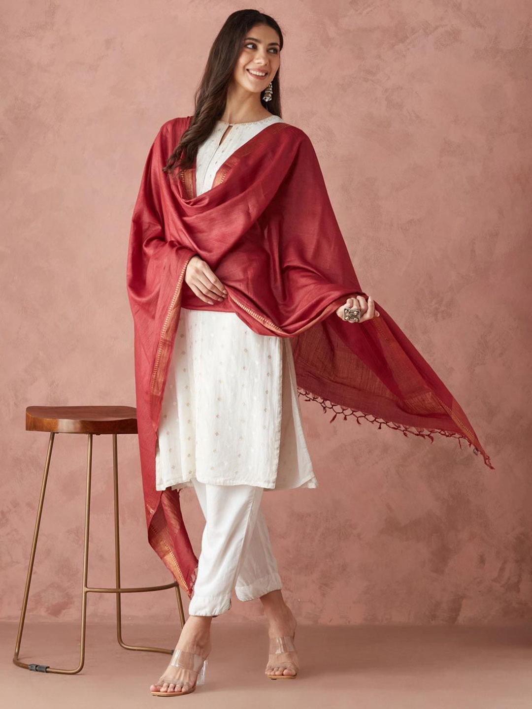 

Fabindia Tasselled Border Cotton Silk Dupatta, Red