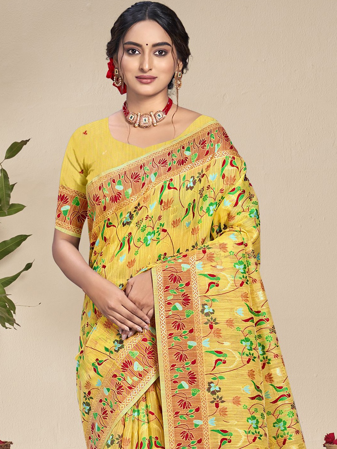 

Ishin Woven Design Zari Silk Blend Saree, Yellow