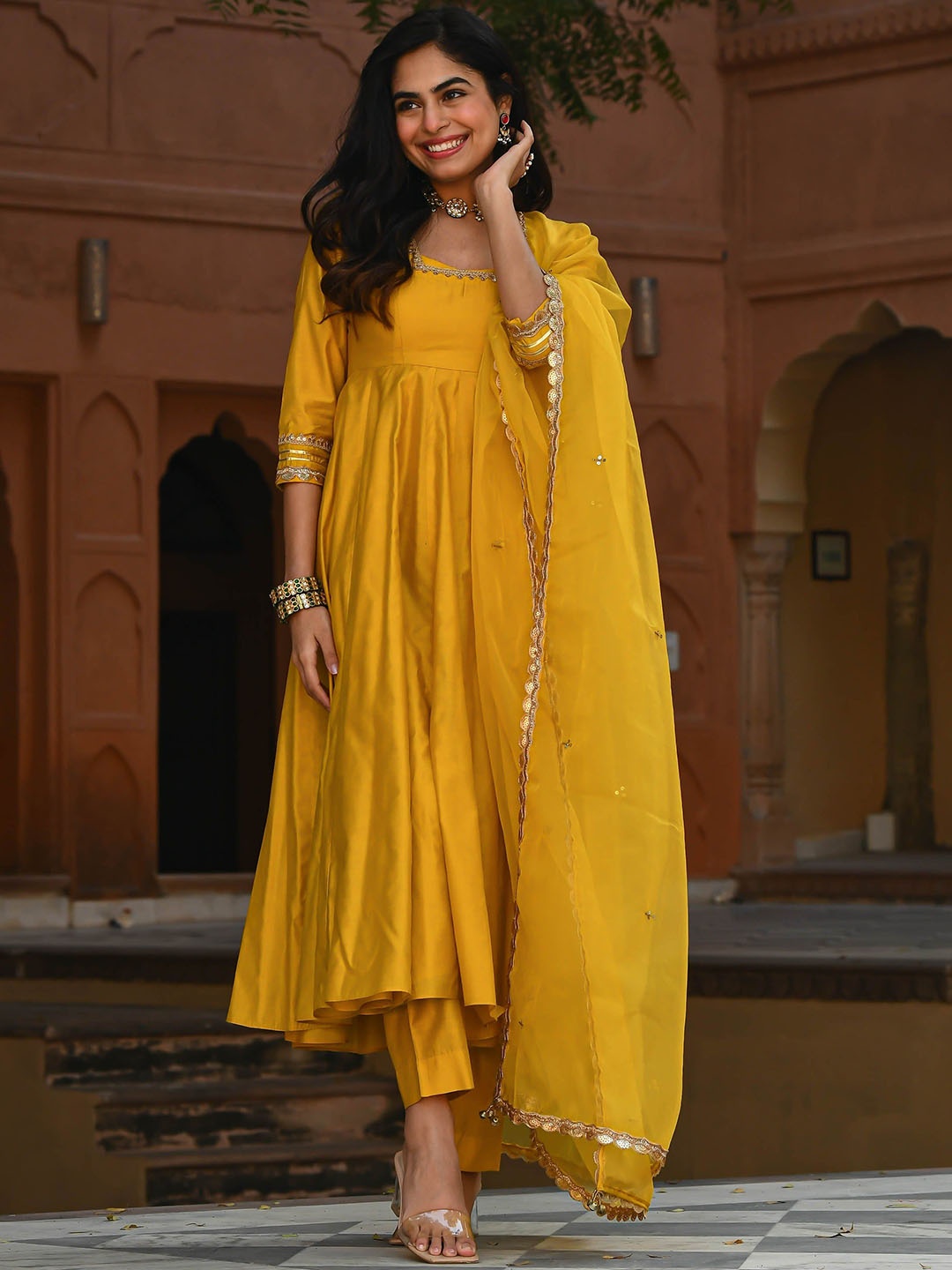 

Anni Designer Empire Sequinned Anarkali Kurta with Trousers & Dupatta, Yellow