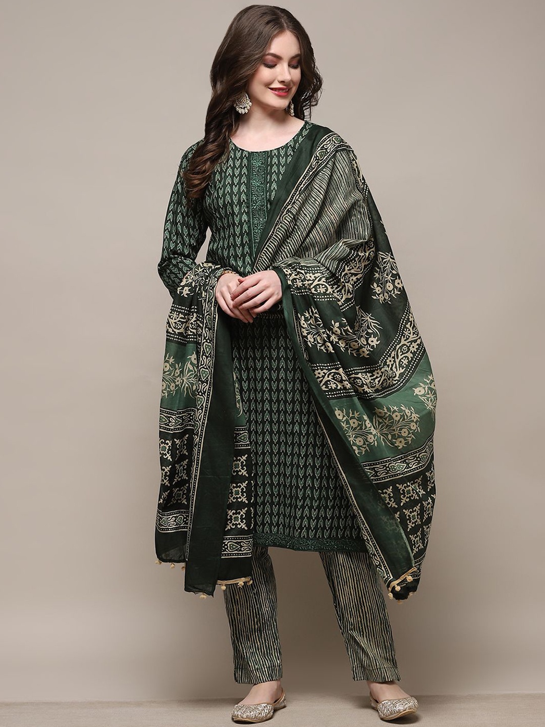 

Biba Floral Printed Pure Cotton Unstitched Dress Material, Green