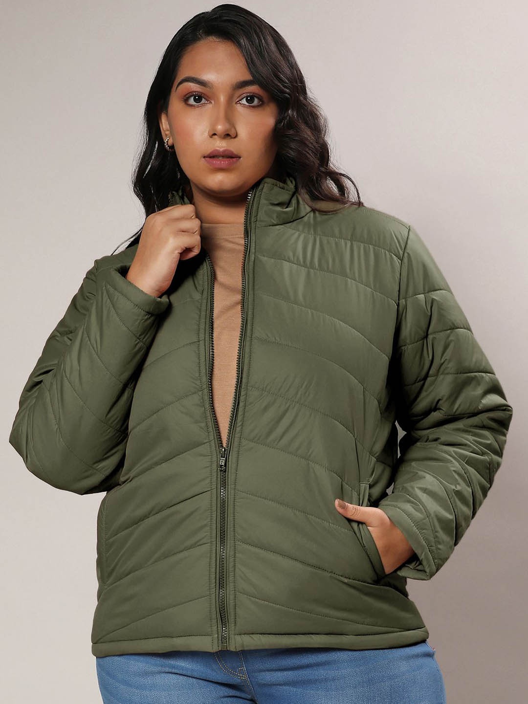 

Instafab Plus Women Mock Collar Plus Size Solid Casual Windcheater Puffer Jacket, Olive