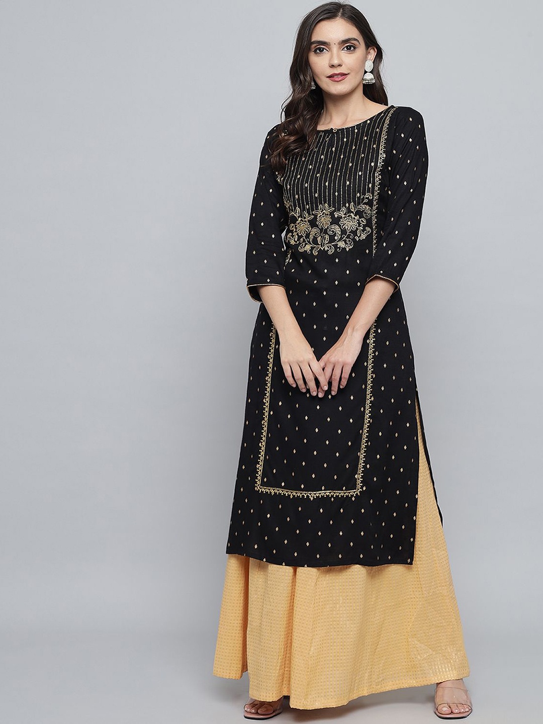

Anouk Geometric Embroidered Thread Work Liva Straight Kurta, Black