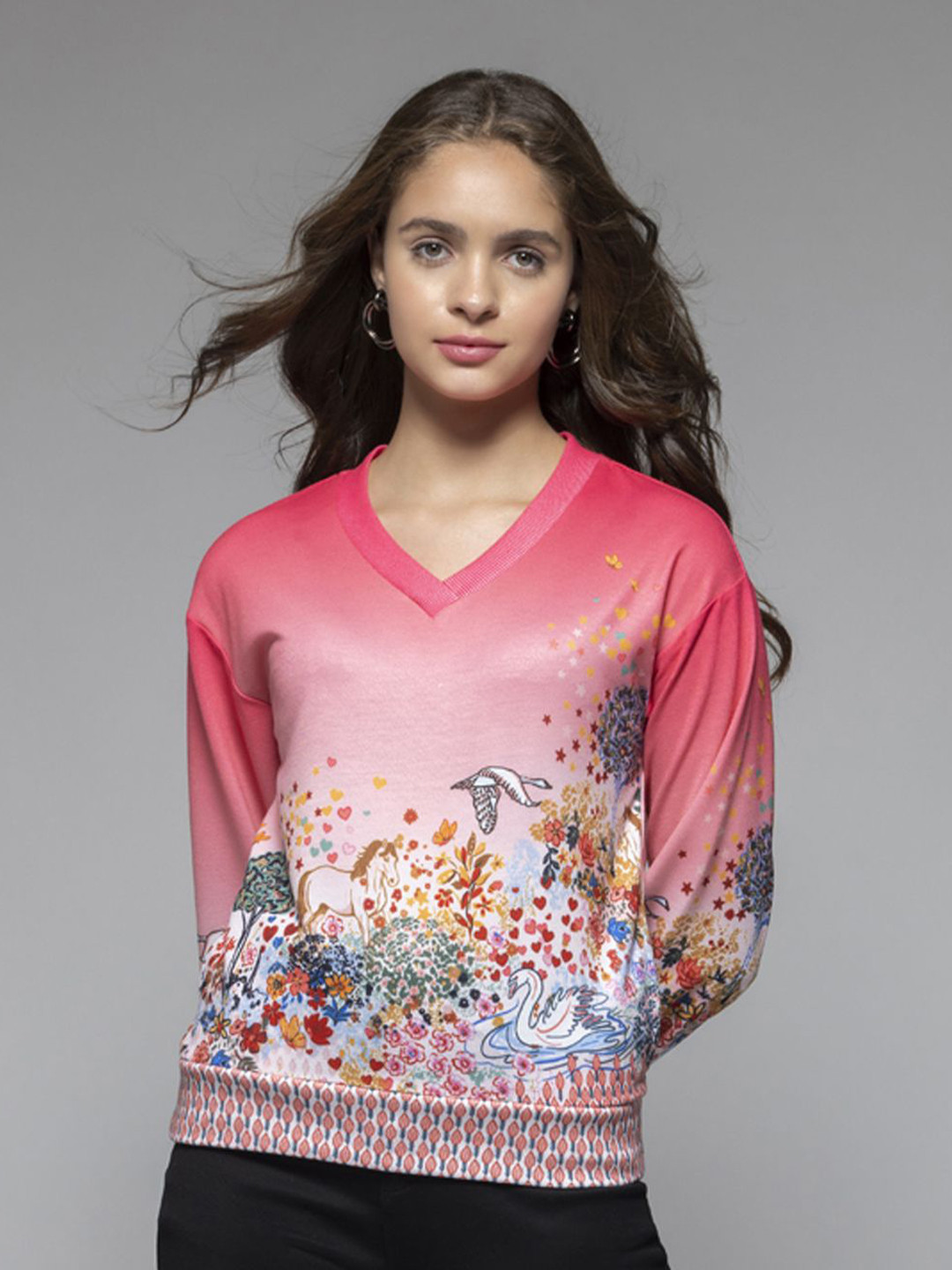 

SHAYE Women V-Neck Printed Long Sleeves Cotton Pullover Sweatshirt, Pink