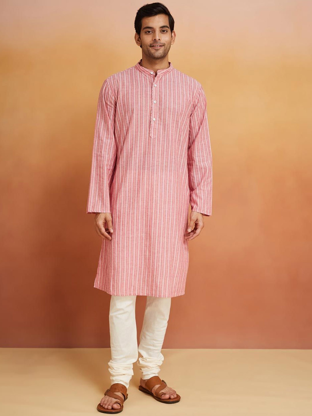 

Fabindia Striped Printed Mandarin Collar Pure Cotton Straight Kurta, Pink