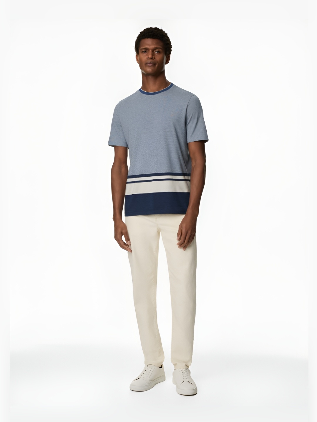

Marks & Spencer Men Striped Round Neck Cotton T-shirt, Navy blue