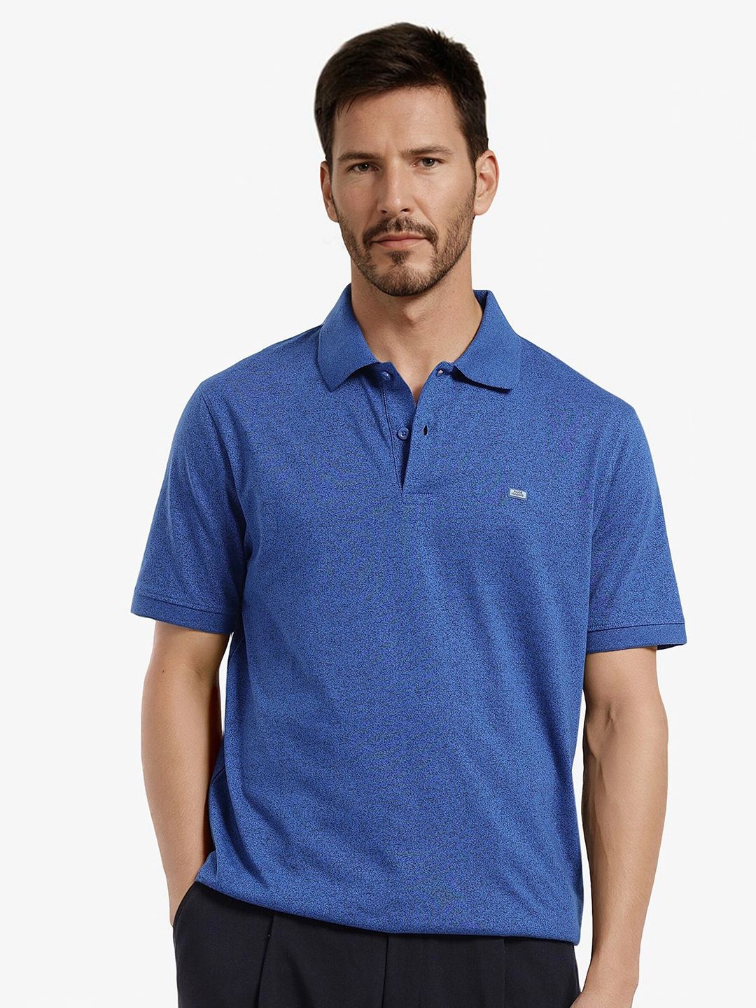 

RARE RABBIT Men Abstract Printed Polo Collar Cotton T-shirt, Navy blue