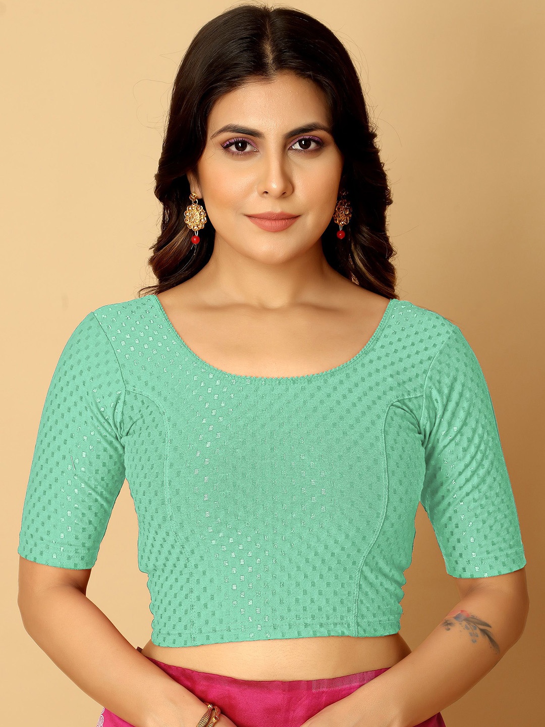 

Jaanvi Woven Design Short Sleeves Round Neck Saree Blouse, Green