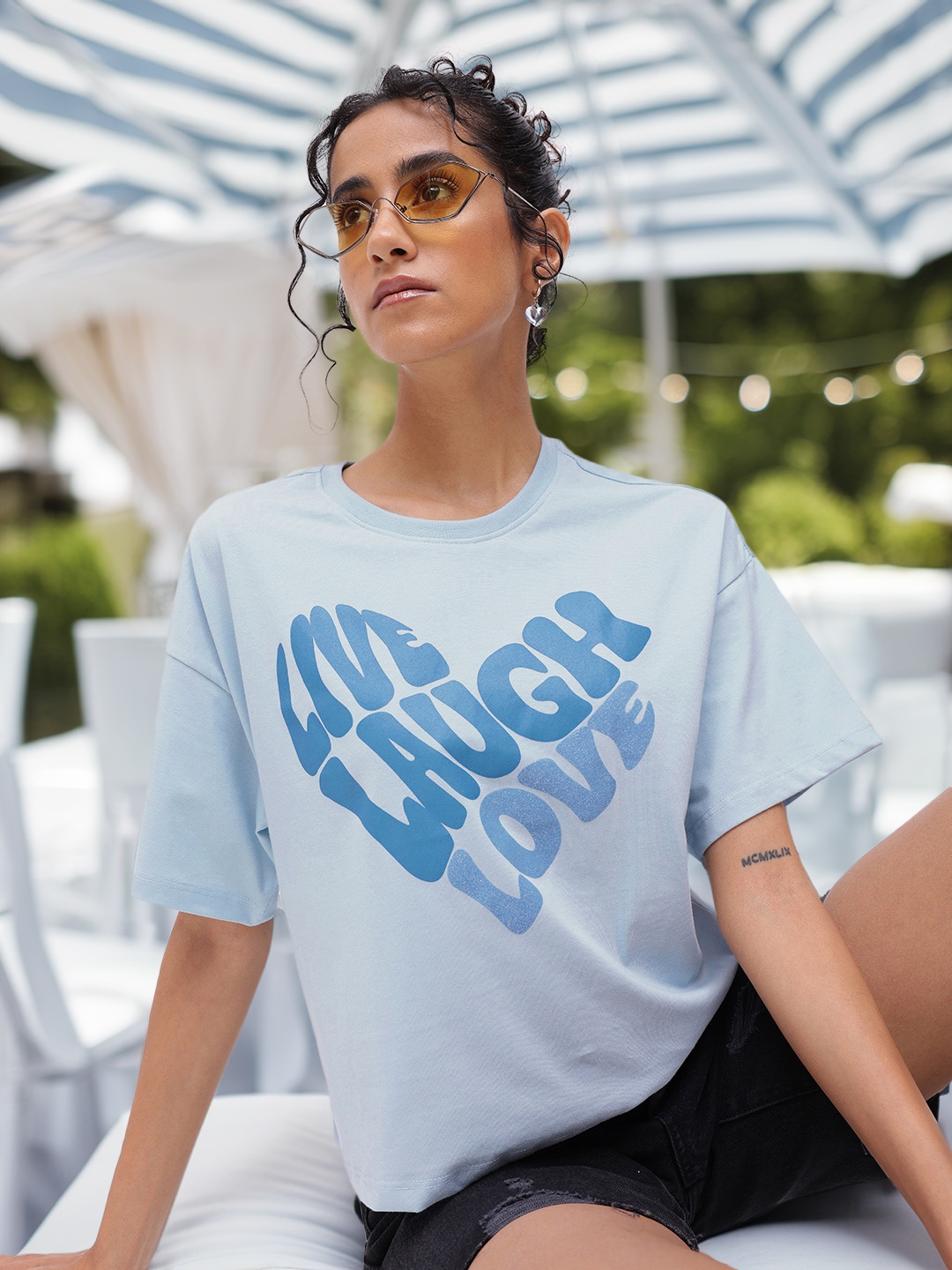 

DressBerry Positivity Live Laugh Love Printed Drop Shoulder Boxy T-shirt, Blue