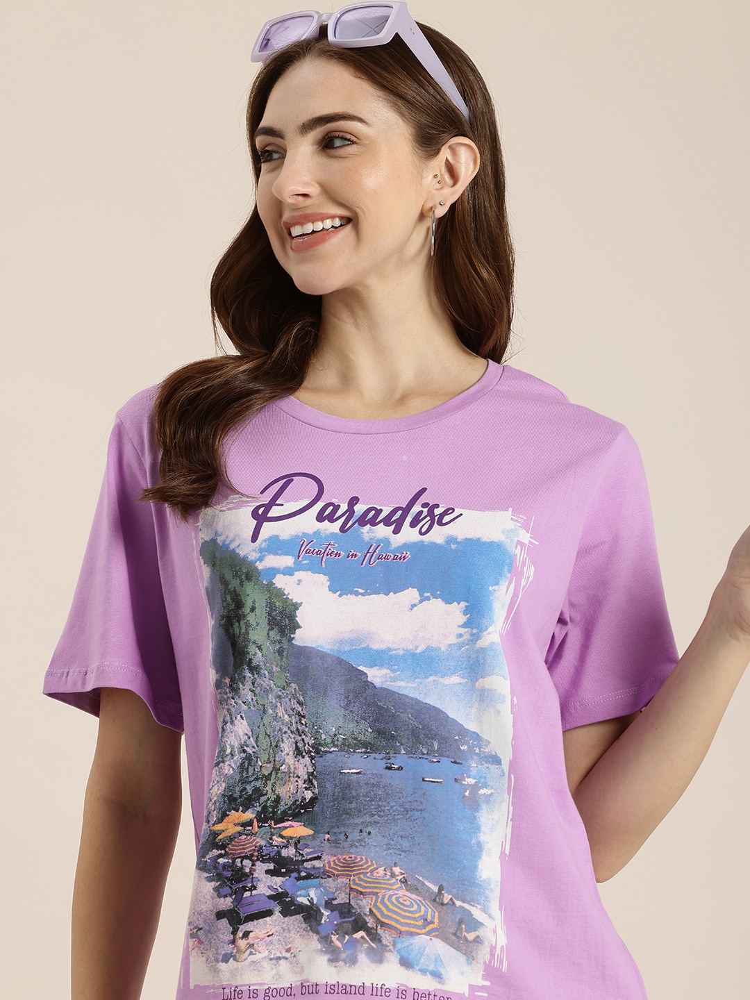 

HERE&NOW Printed Pure Cotton T-shirt, Lavender