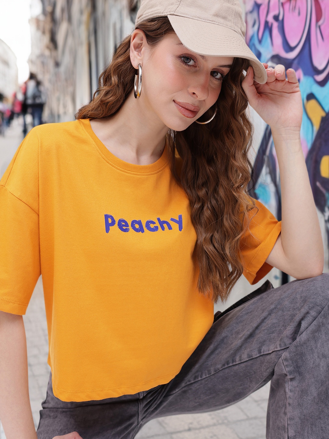 

DressBerry The Peach Perfect Embroidered Boxy T-shirt, Mustard