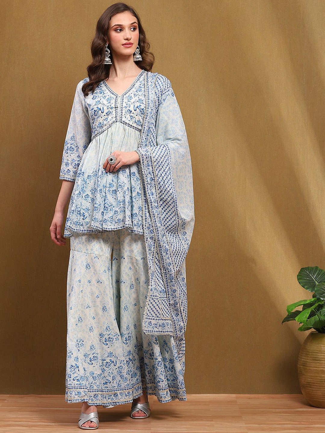 

Biba Ethnic Motifs Printed Empire Mirror Work Pure Cotton Kurti With Sharara & Dupatta, Blue