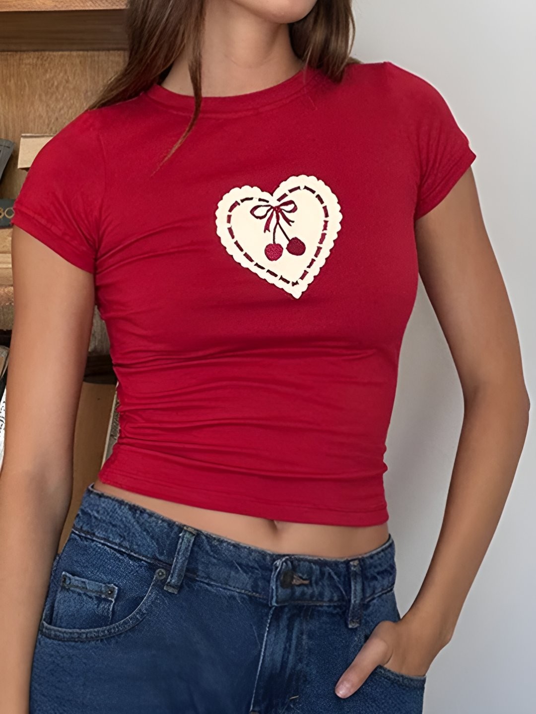 

LULU & SKY Women Graphic Printed Round Neck Slim Fit T-shirt, Red