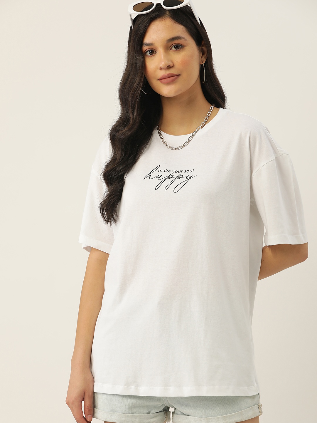 

DressBerry Typography Detail Pure Cotton Oversized Longline T-shirt, White