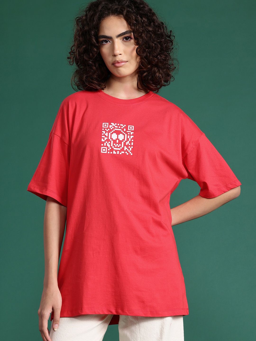 

DressBerry Printed Pure Cotton Oversized T-shirt, Red