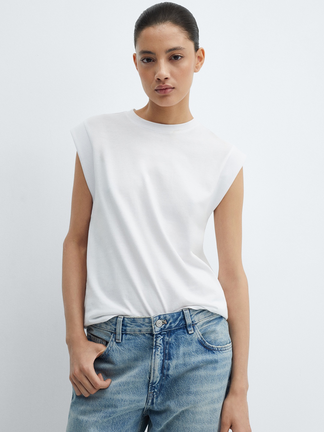 

MANGO Women Extended Sleeves Pure Cotton T-shirt, White