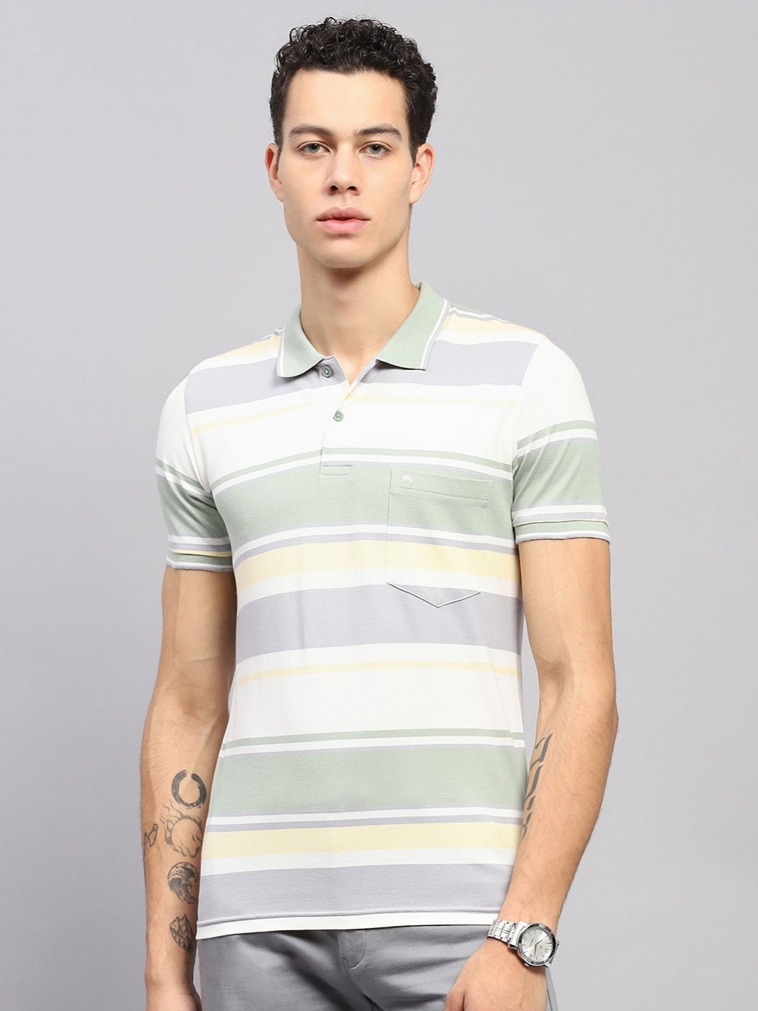 

Monte Carlo Men Striped Polo Collar Cotton T-shirt, Green