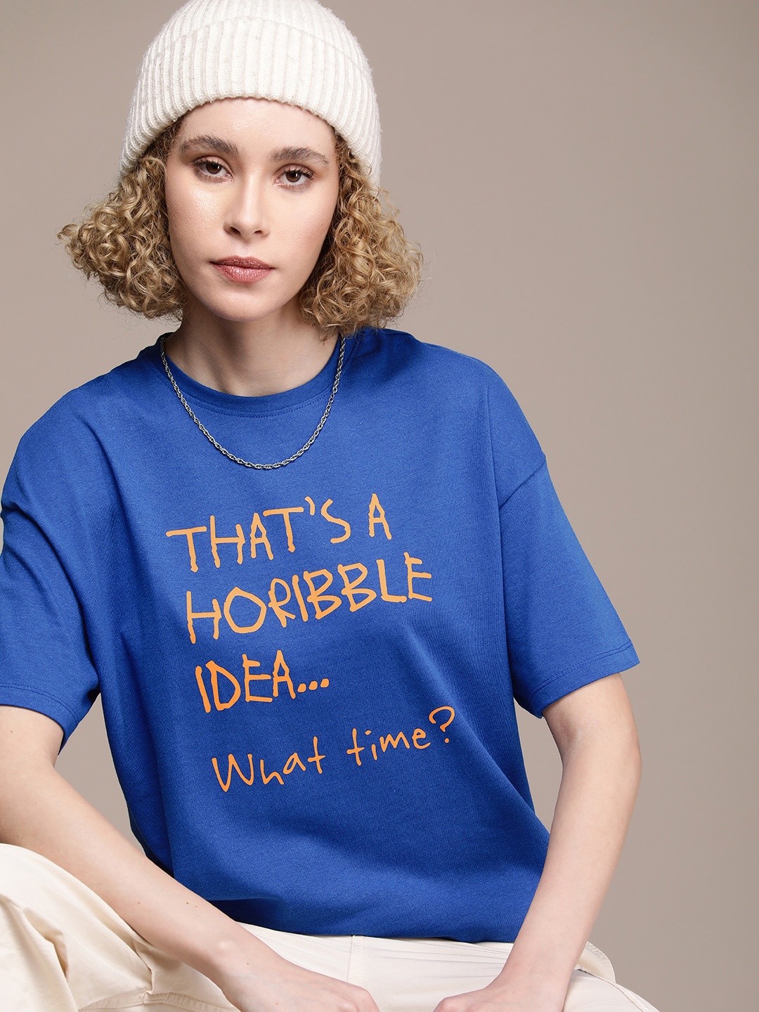 

The Roadster Life Co. Typography Printed Drop-Shoulder Sleeves T-shirt, Blue