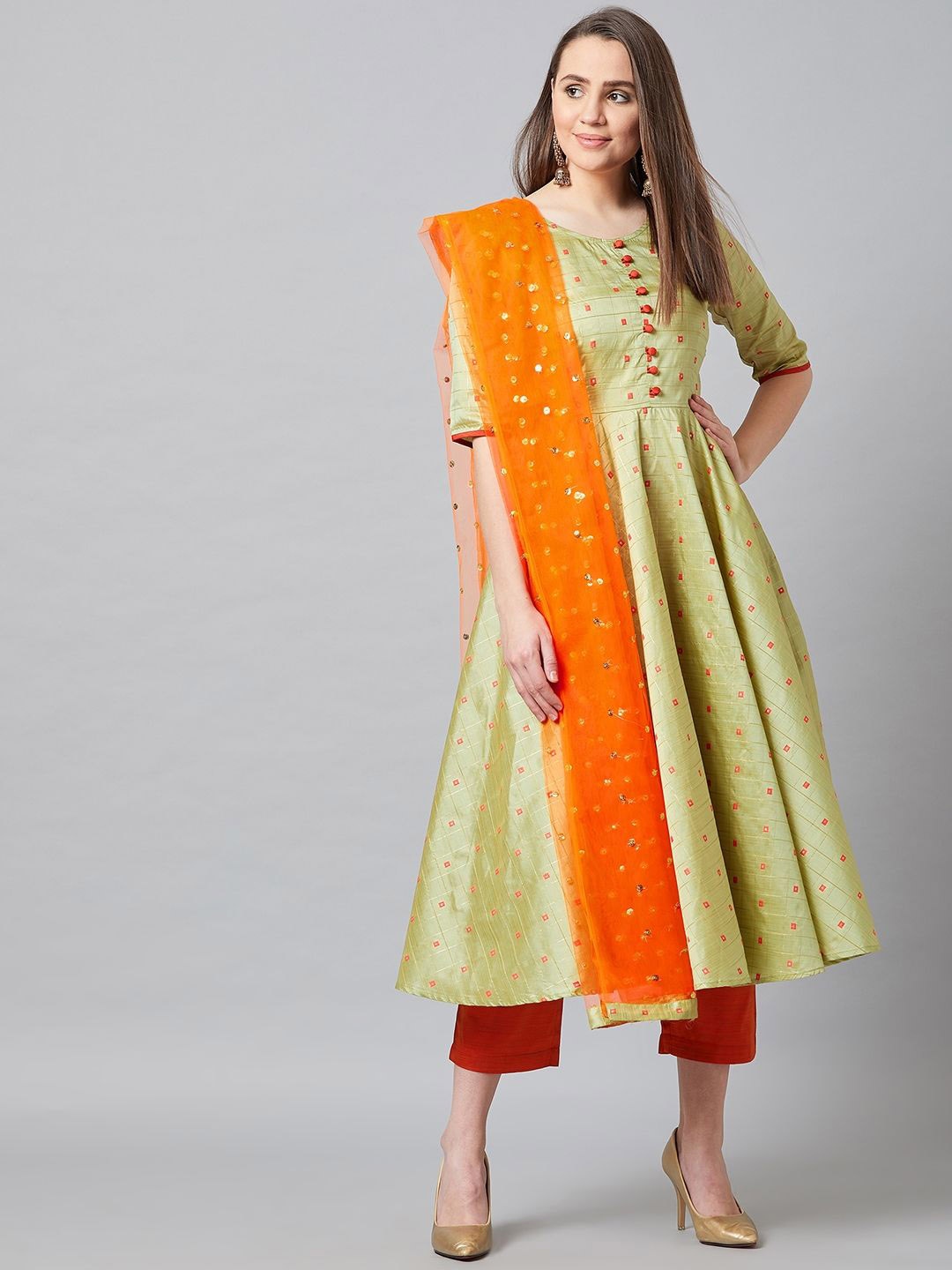 

PANIT Geometric Printed Anarkali Kurta with Trousers & Dupatta, Green