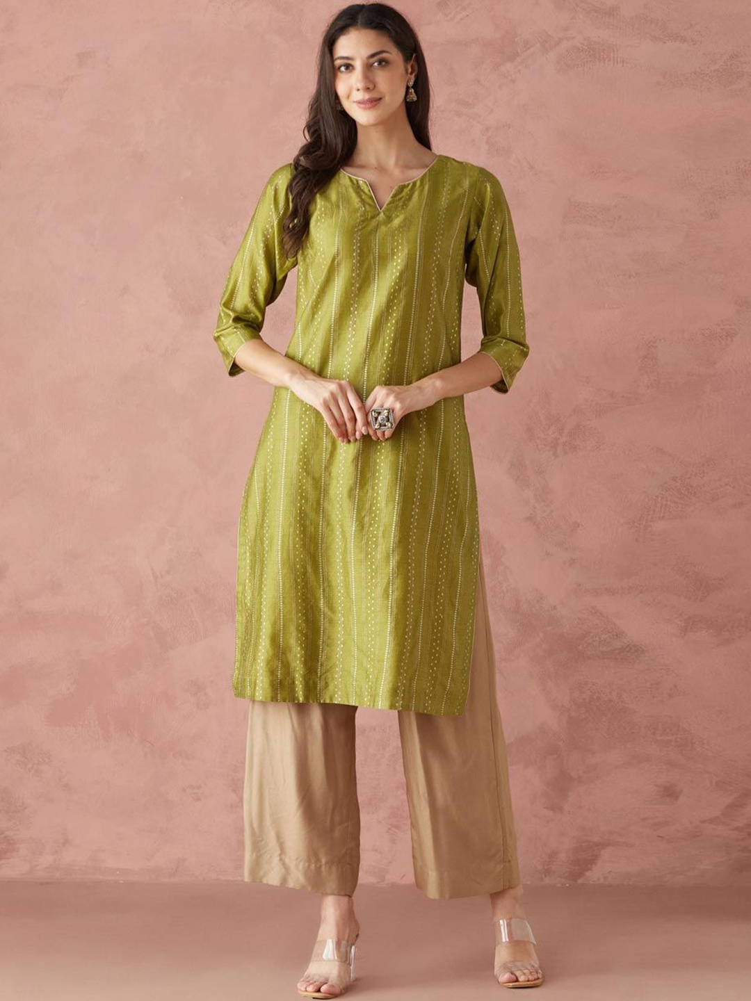 

Fabindia Floral Woven Design Round Neck Cotton Silk Straight Kurta, Lime green