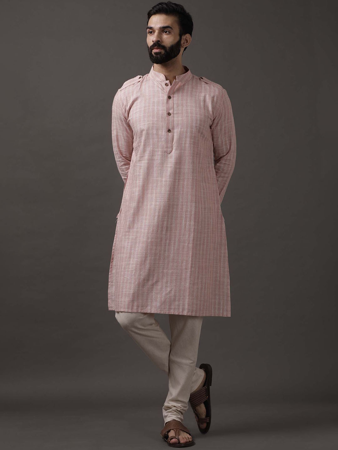 

TJORI Striped Mandarin Collar Cotton Straight Kurta, Beige