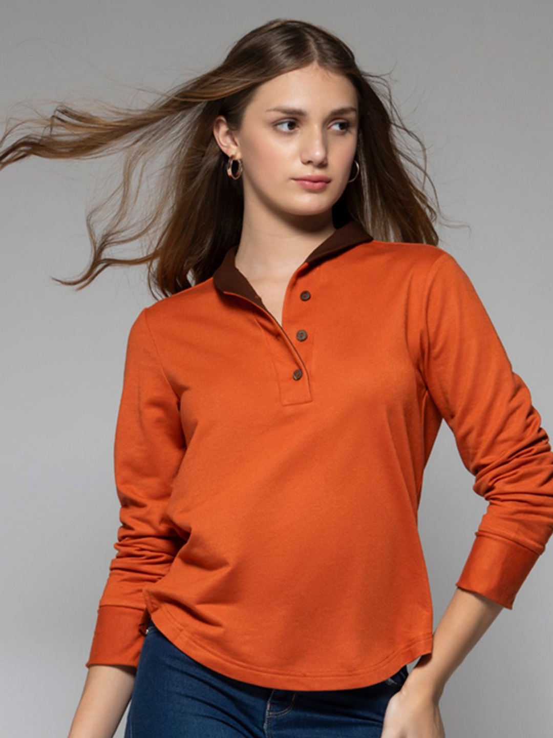 

SHAYE Women Shirt Collar Long Sleeves Sweatshirt, Orange