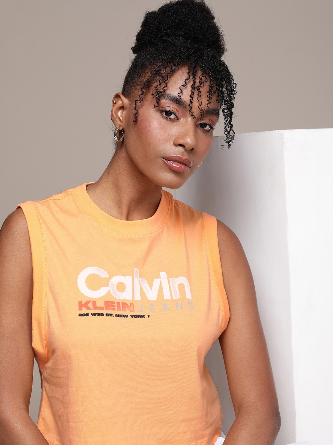 

Calvin Klein Jeans Brand Logo Printed Pure Cotton Crop T-shirt, Orange