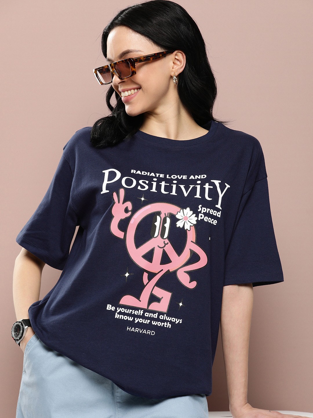 

Harvard Pure Cotton Typography Printed Drop-Shoulder Sleeves T-shirt, Navy blue
