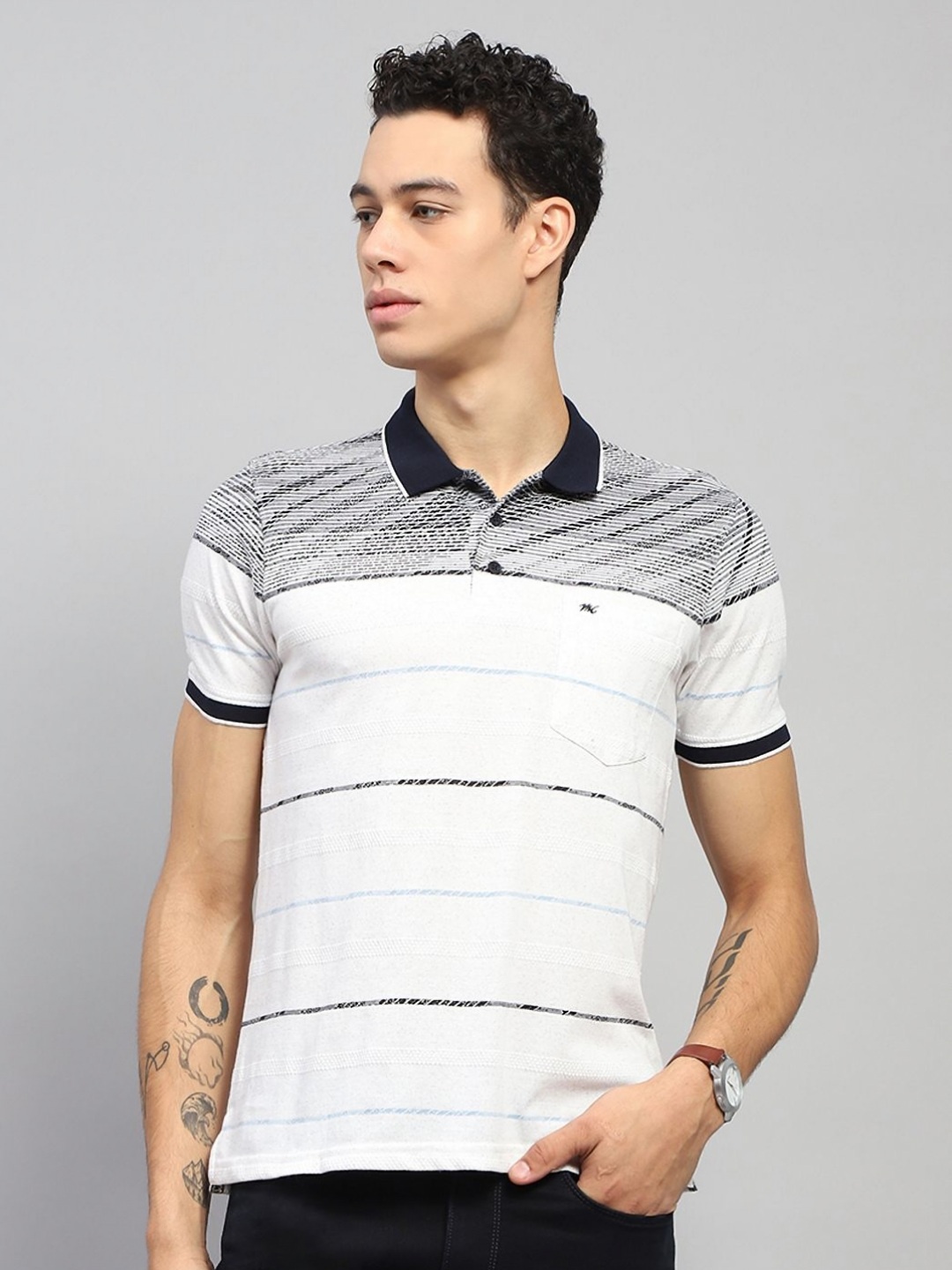 

Monte Carlo Men Striped Polo Collar Cotton T-shirt, White