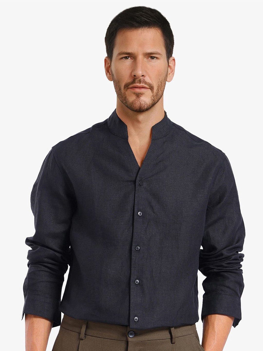 

RARE RABBIT Men Comfort Mandarin Collar Solid Linen Formal Shirt, Black