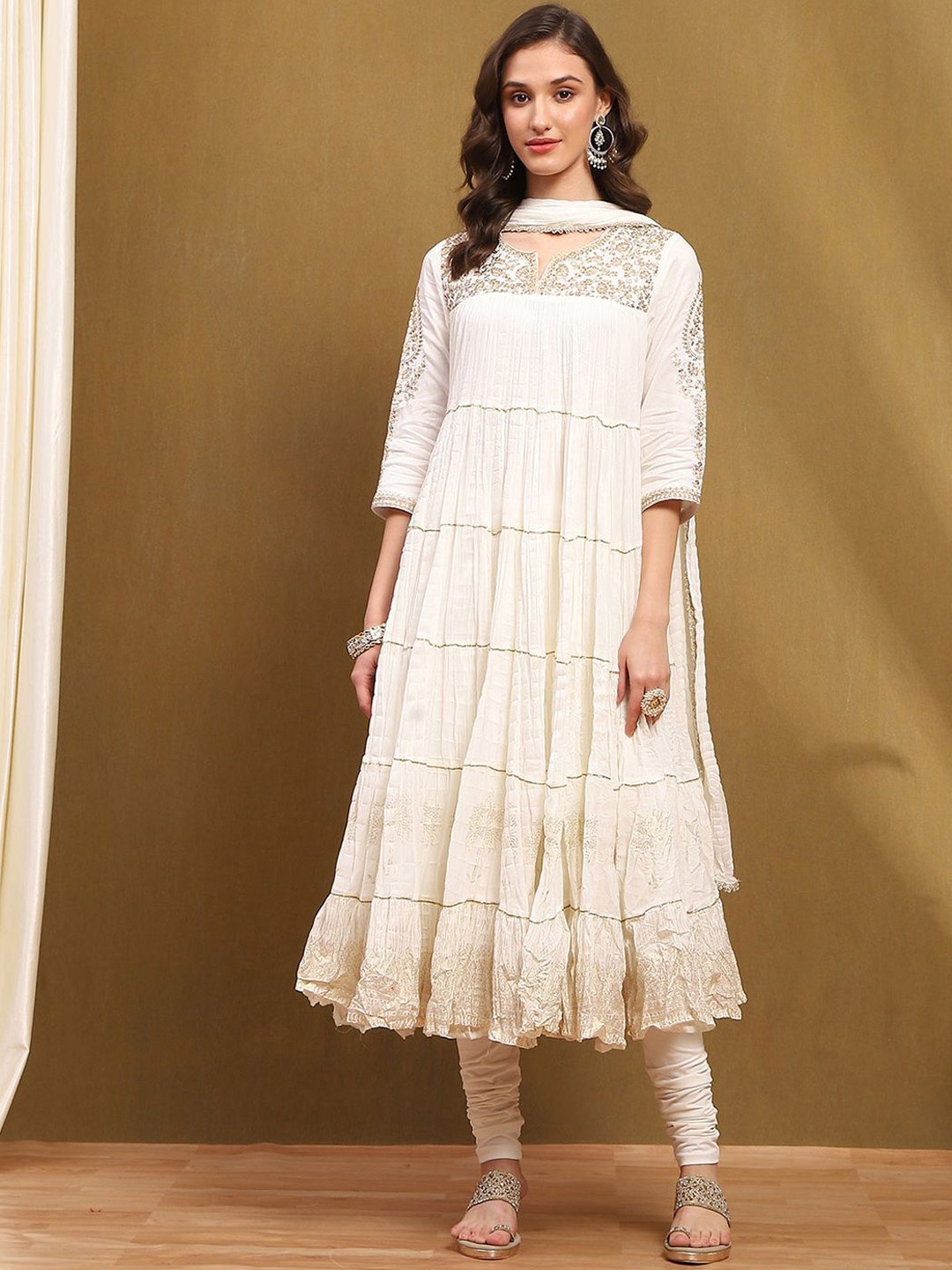 

Biba Ethnic Motifs Embroidered Pure Cotton Anarkali Kurta With Churidar & Dupatta, White