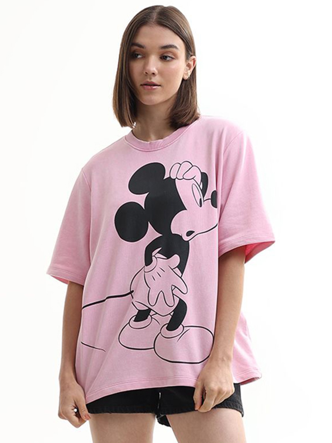 

ONLY Women Cotton Mickey Mouse Printed Oversized T-shirt, Pink