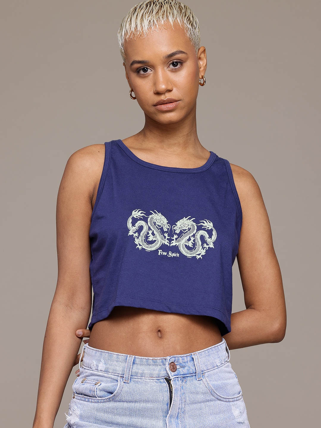 

The Roadster Life Co. Printed Cropped T-shirt, Navy blue